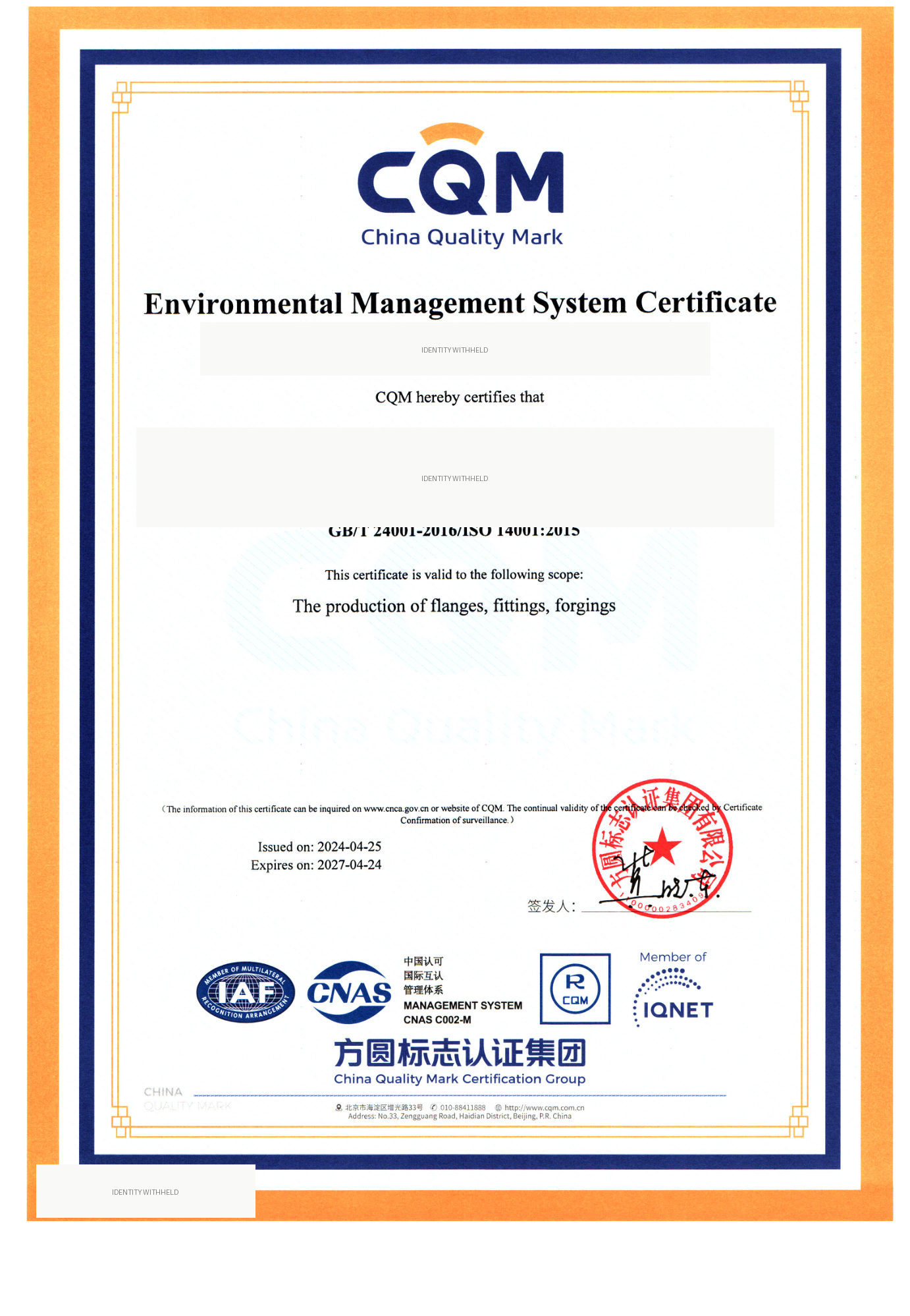 ISO 14001 environmental management system certificate (identity controlled)