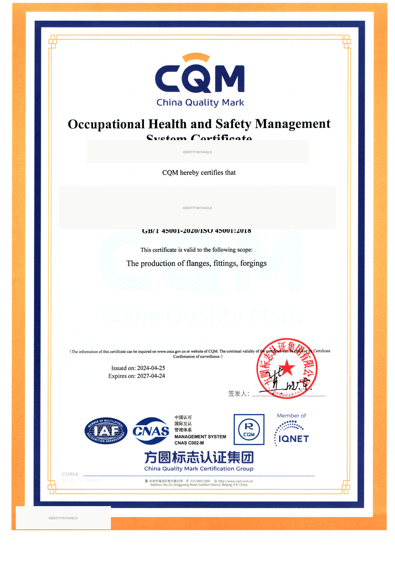 ISO 45001 occupational health and safety certificate (identity controlled)